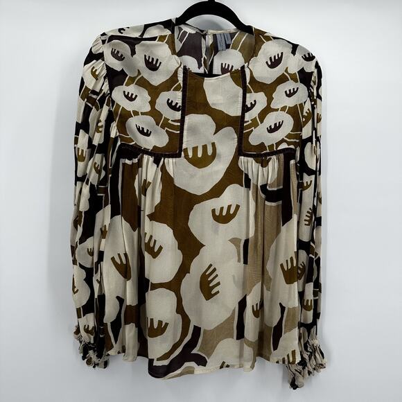 Blank London Tops - Blank‎ London Blouse Womens XS Brown White Floral Long Sleeve Boho Top Neutral